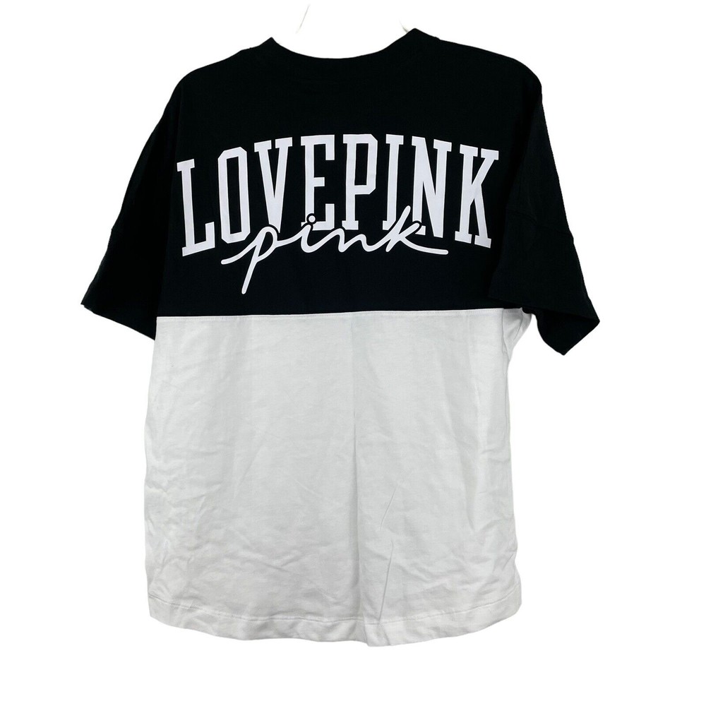NWT VS PINK Varsity Short Sleeve Tee XS White Black Color block.